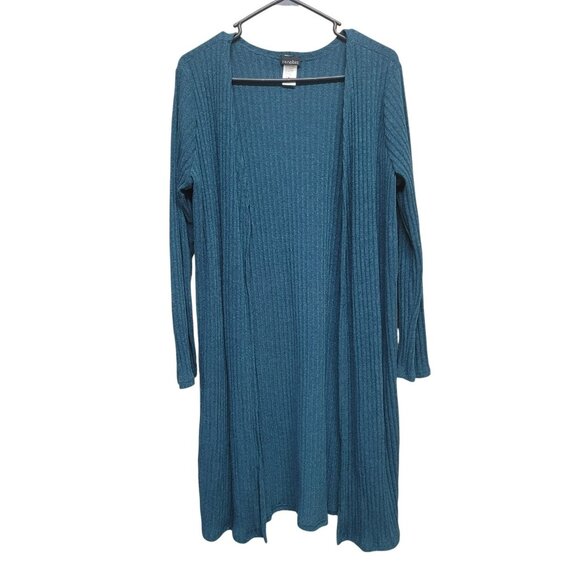 Zenobia Womens 2XL Cardigan Teal Blue Soft Ribbed Knit Side Slits Open Front - Picture 3 of 14